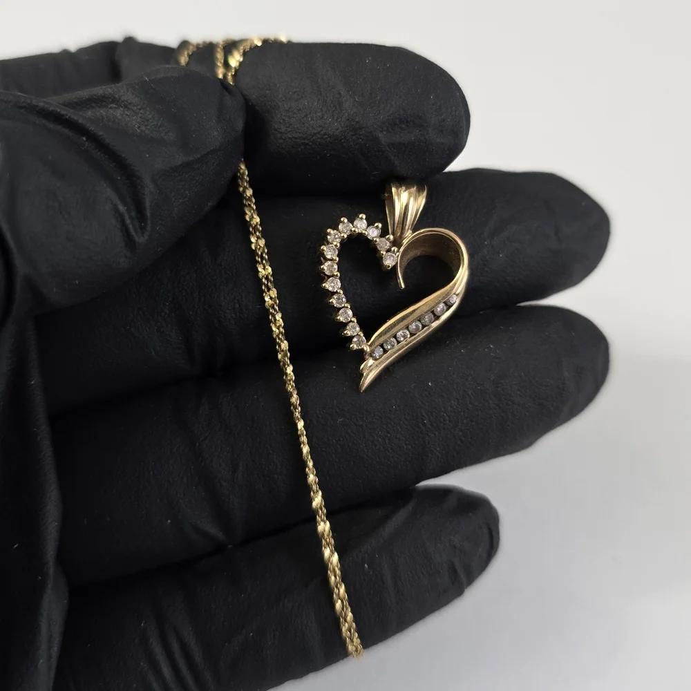 10K Gold Diamond Heart Pendant on 14K Gold Chain - Necklace